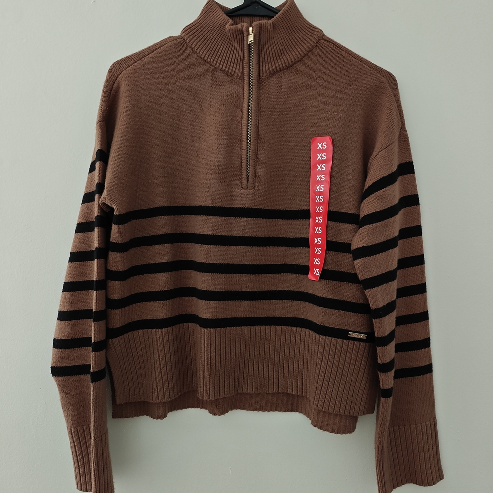 DKNY Brown and Black Striped Turtleneck Sweater